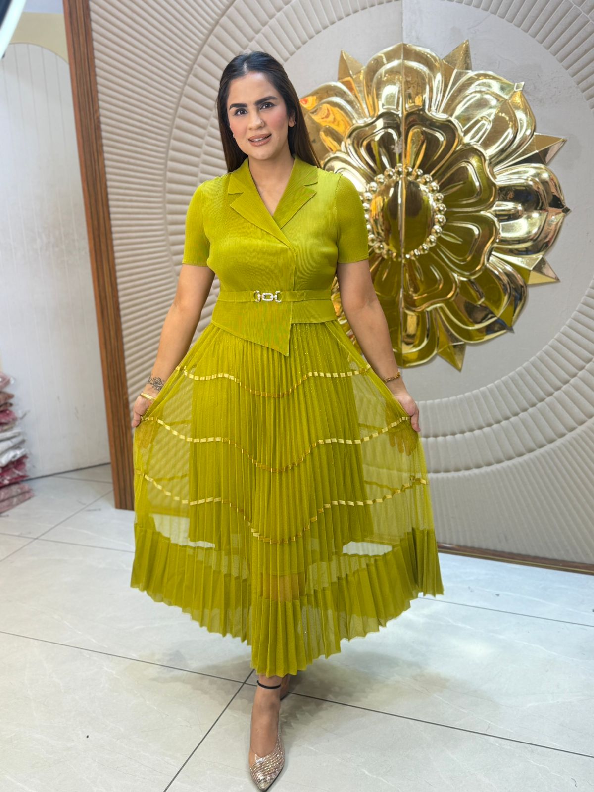Beautiful Pleated Dress With Belt PC3008