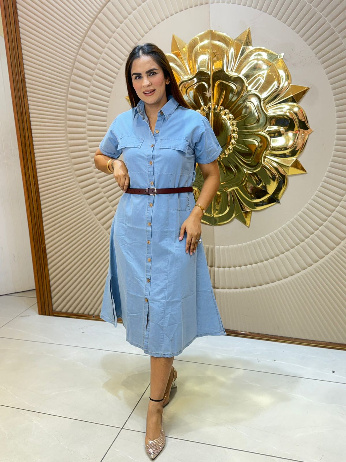 Beautiful Denim Dress With Belt PC3015