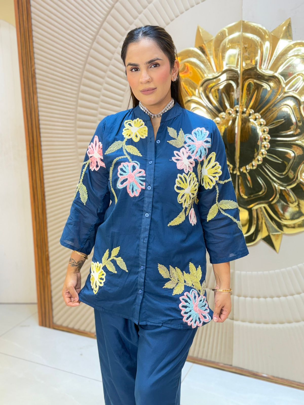 Beautiful Denim Co-Ord Set With Embroidery Work PC3054