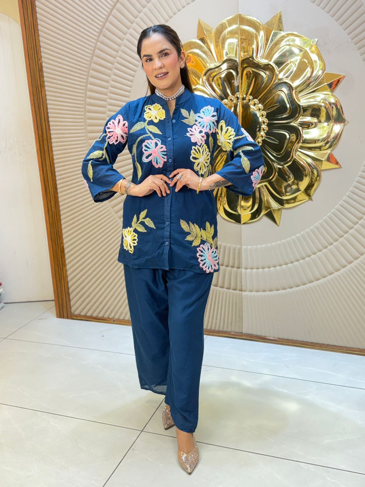 Beautiful Denim Co-Ord Set With Embroidery Work PC3054