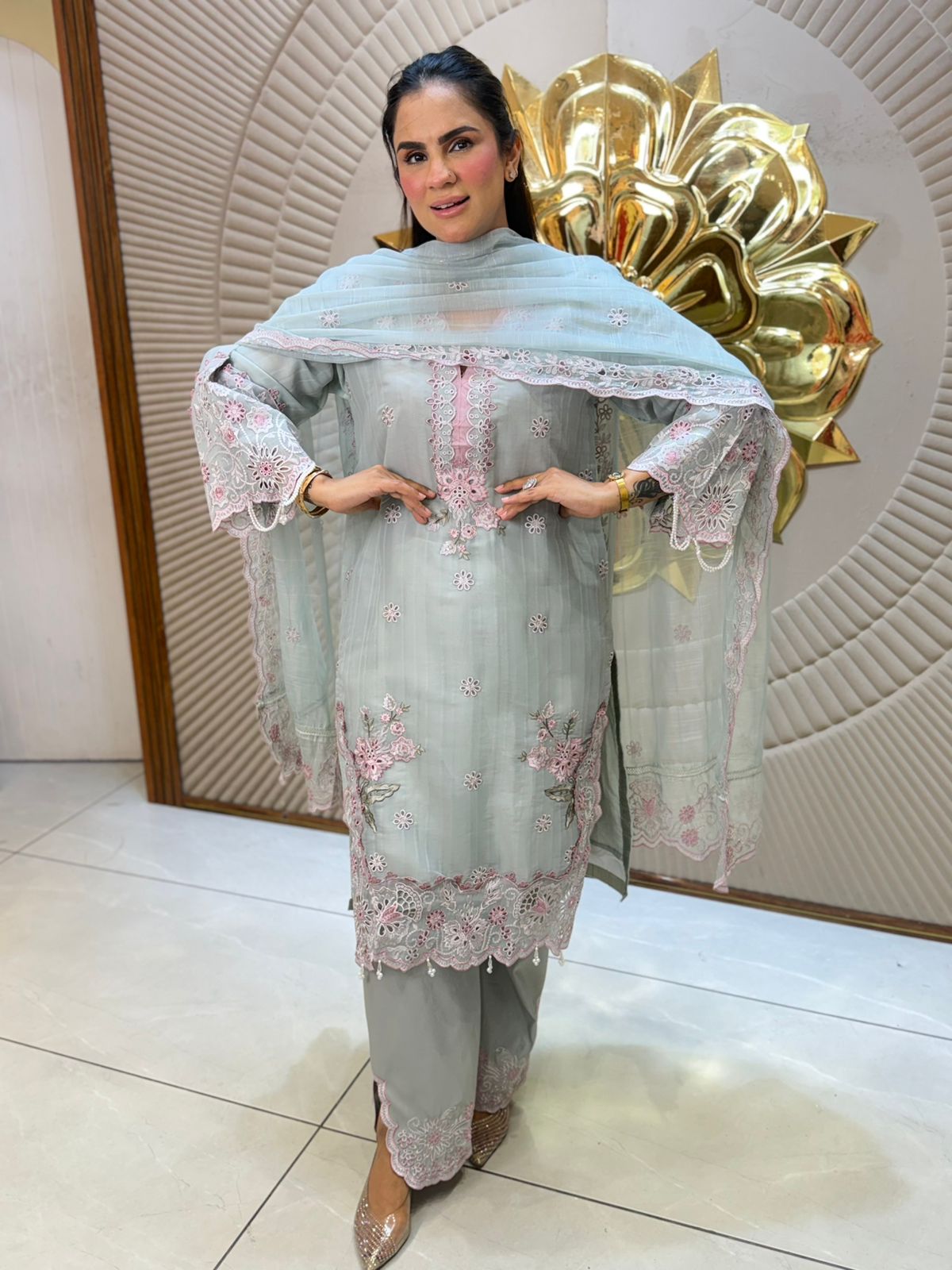 Stunning Floral Suit With Laser Cut Work PC3097