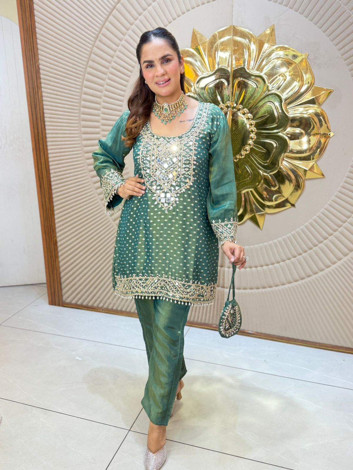 Beautiful Mirror Suit With Potli PC3112