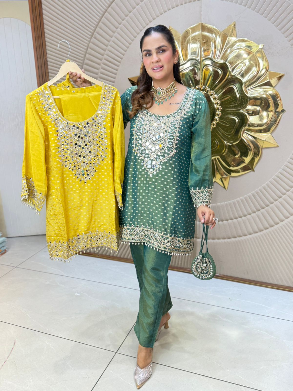 Beautiful Mirror Suit With Potli PC3112