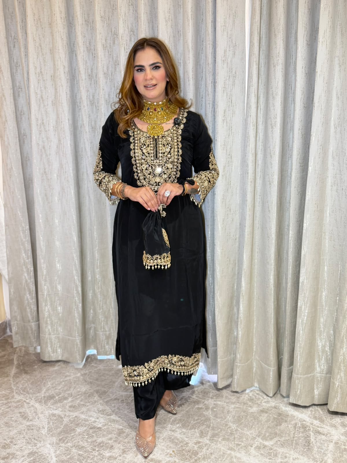 Beautiful Mirror Work Long Suit With Potli PC3175