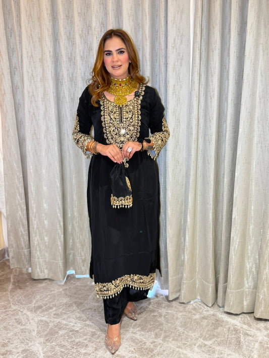 Beautiful Mirror Work Long Suit With Potli PC3175