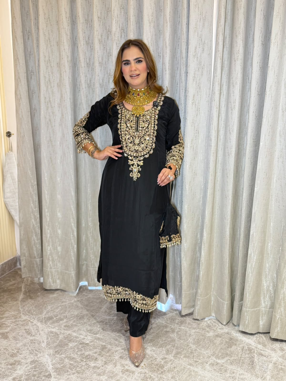 Beautiful Mirror Work Long Suit With Potli PC3175