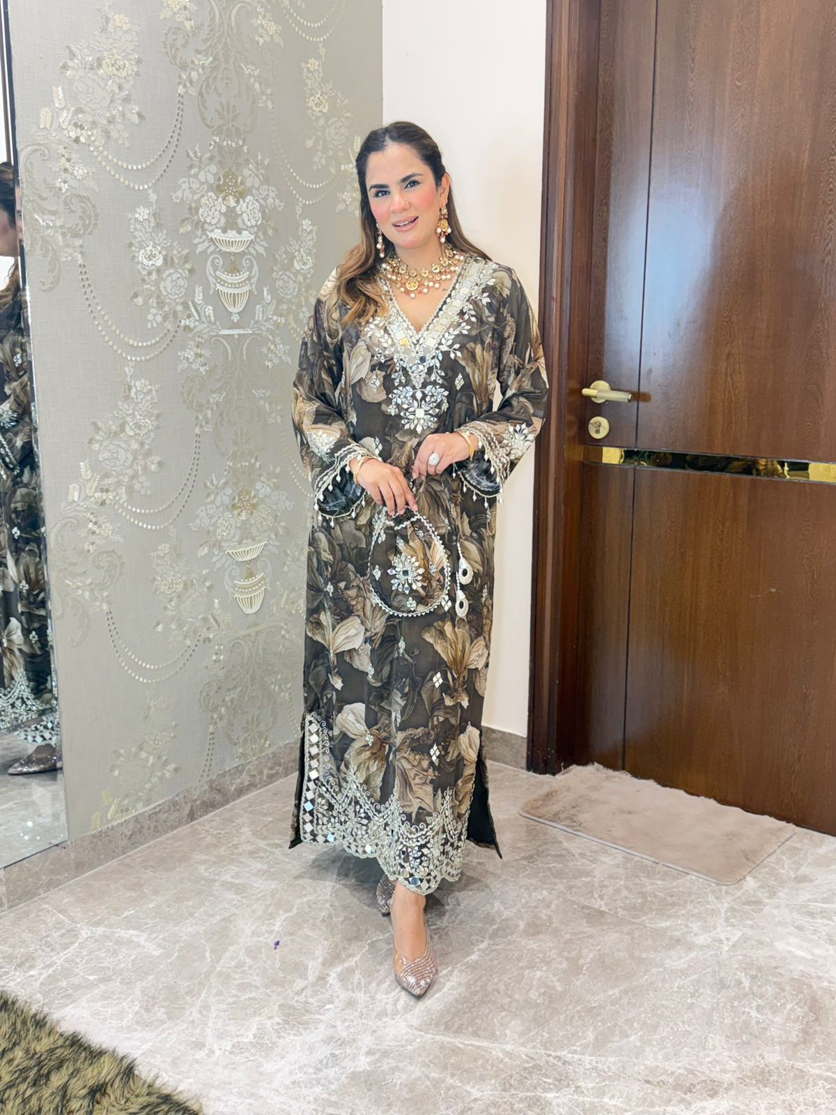Stunning Floral Print Indo-Western Dress With Potli PC3215