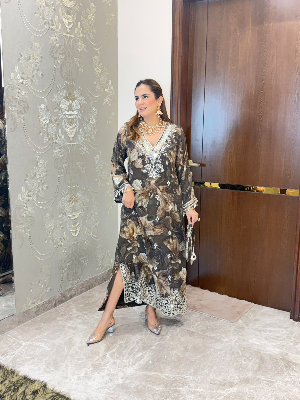 Stunning Floral Print Indo-Western Dress With Potli PC3215