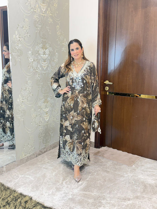 Stunning Floral Print Indo-Western Dress With Potli PC3215