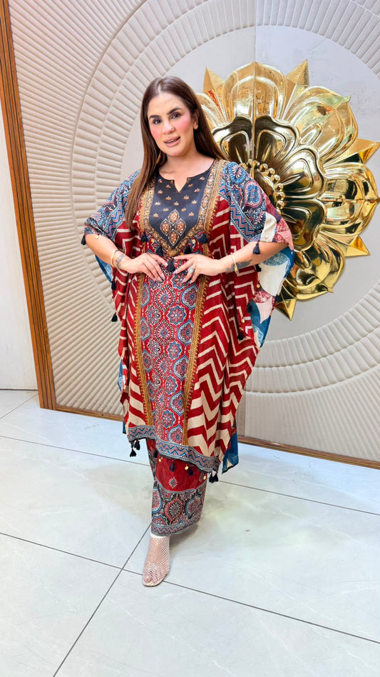 Elegant  Maroon and Red Printed Kaftan Dress PC3356