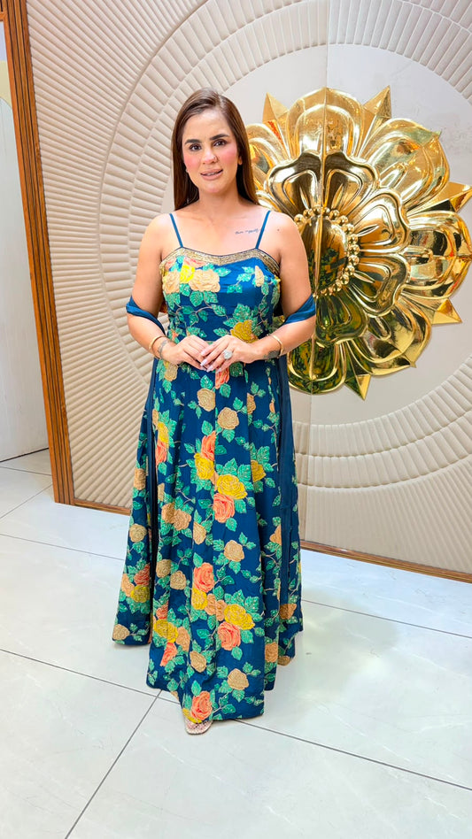 beautiful blue floral Dress with shoulder straps pc3357