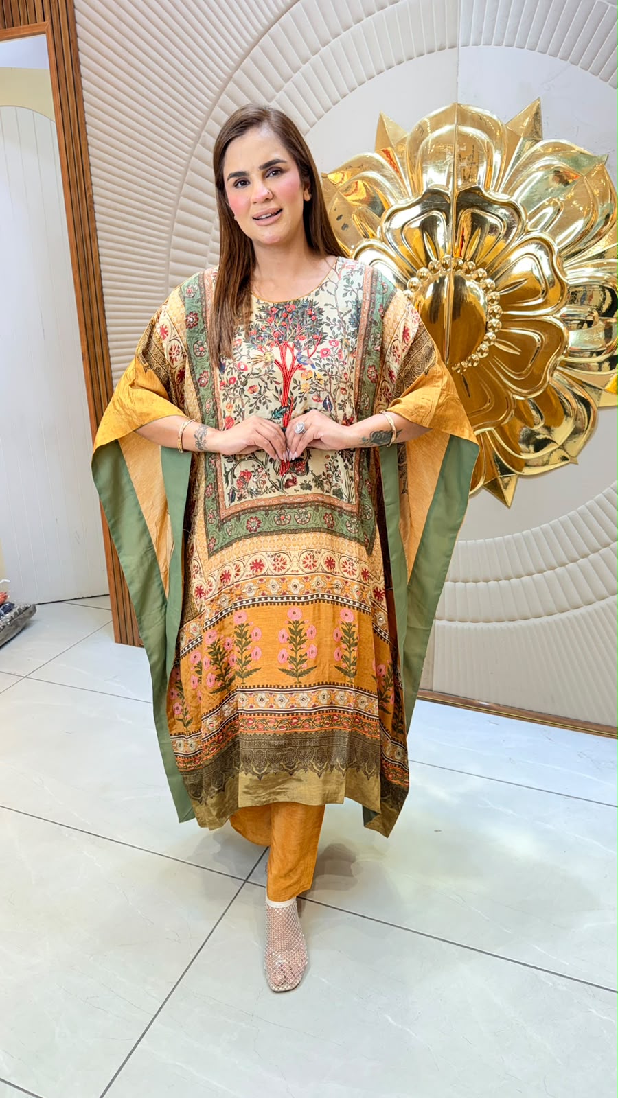 Elegant mustard pure silk kaftan Dress PC3358