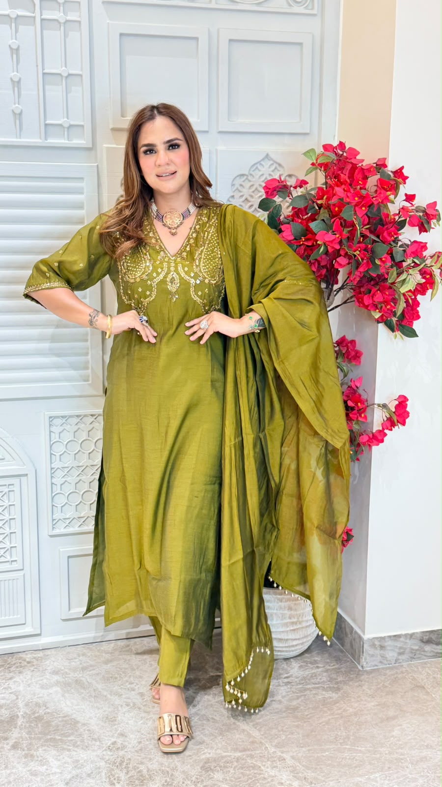 Elegant olive green embroidered V-neck kurta set PC3498