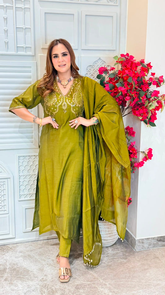 Elegant olive green embroidered V-neck kurta set PC3498