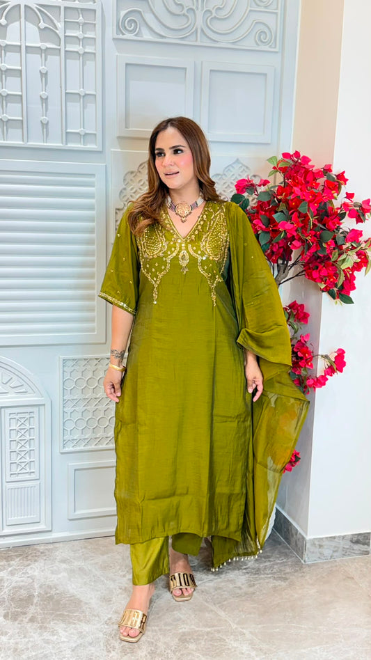 Elegant olive green embroidered V-neck kurta set PC3498