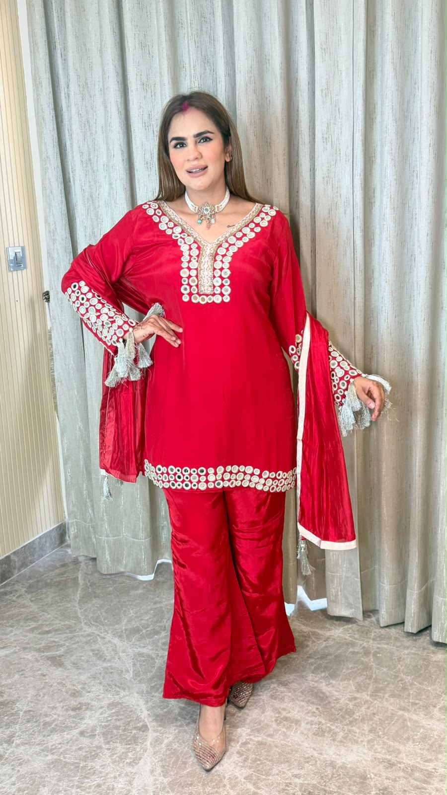 Beautiful red silk-blend short kurta PC3552
