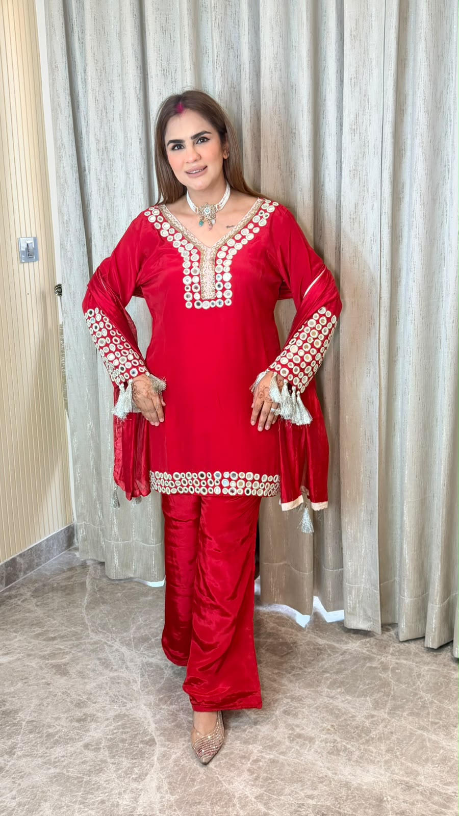Beautiful red silk-blend short kurta PC3552