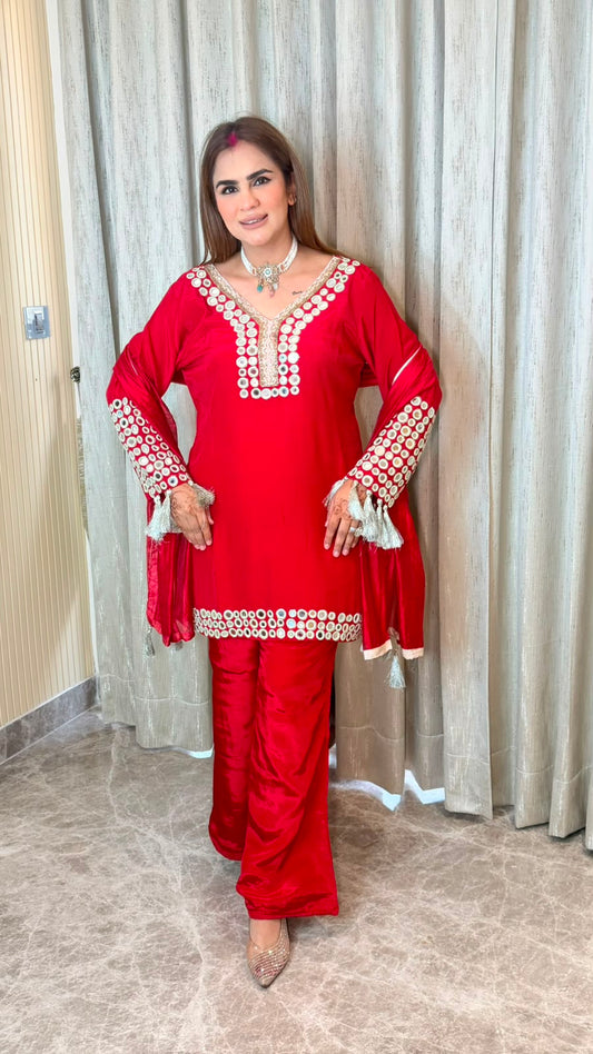 Beautiful red silk-blend short kurta PC3552