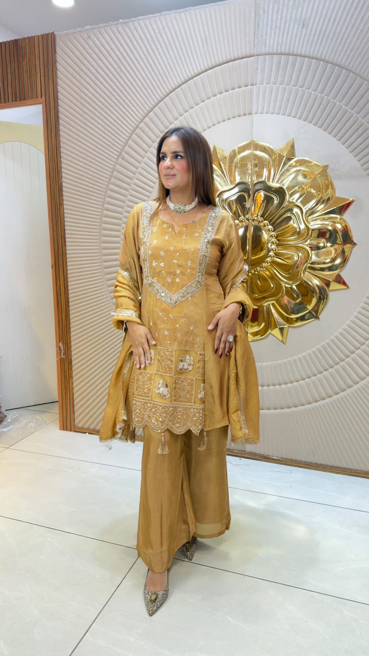 Elegant mustard-yellow or golden festive ethnic suit pc3313