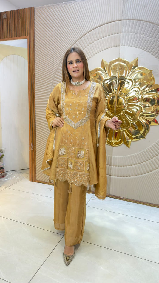 Elegant mustard-yellow or golden festive ethnic suit pc3313