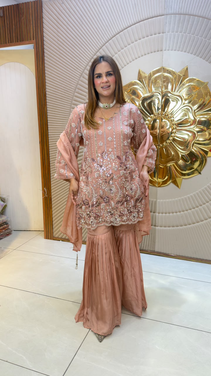 Elegant colored short kurta and sharara set  pc3314