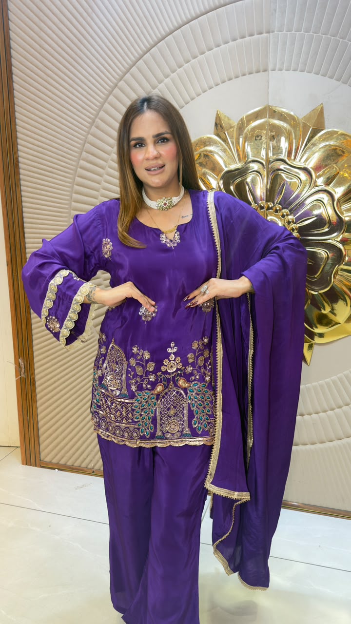 Elegant embroidered silk blend kurta, palazzo set pc3315
