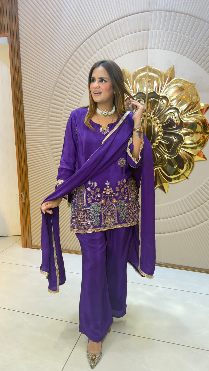 Elegant embroidered silk blend kurta, palazzo set pc3315