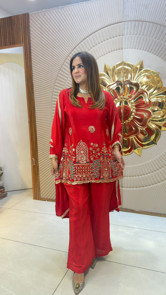 Elegant embroidered silk blend kurta, palazzo set pc3315