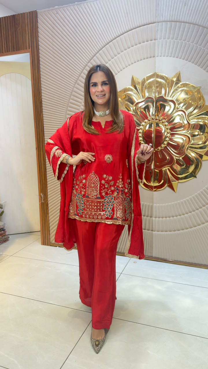 Elegant embroidered silk blend kurta, palazzo set pc3315