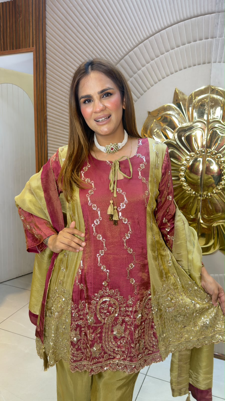 Elegant ethnic suit a peach-to-gold or dual-toned embroidered tunic kurta set  pc3319