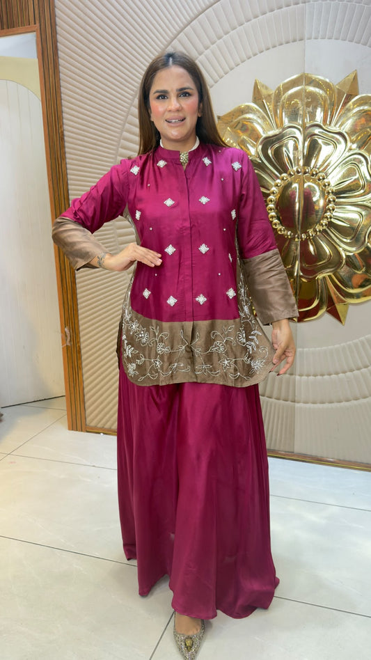 Elegant festive magenta and brown embroidered co-ord or sharara/palazzo set, pc3320