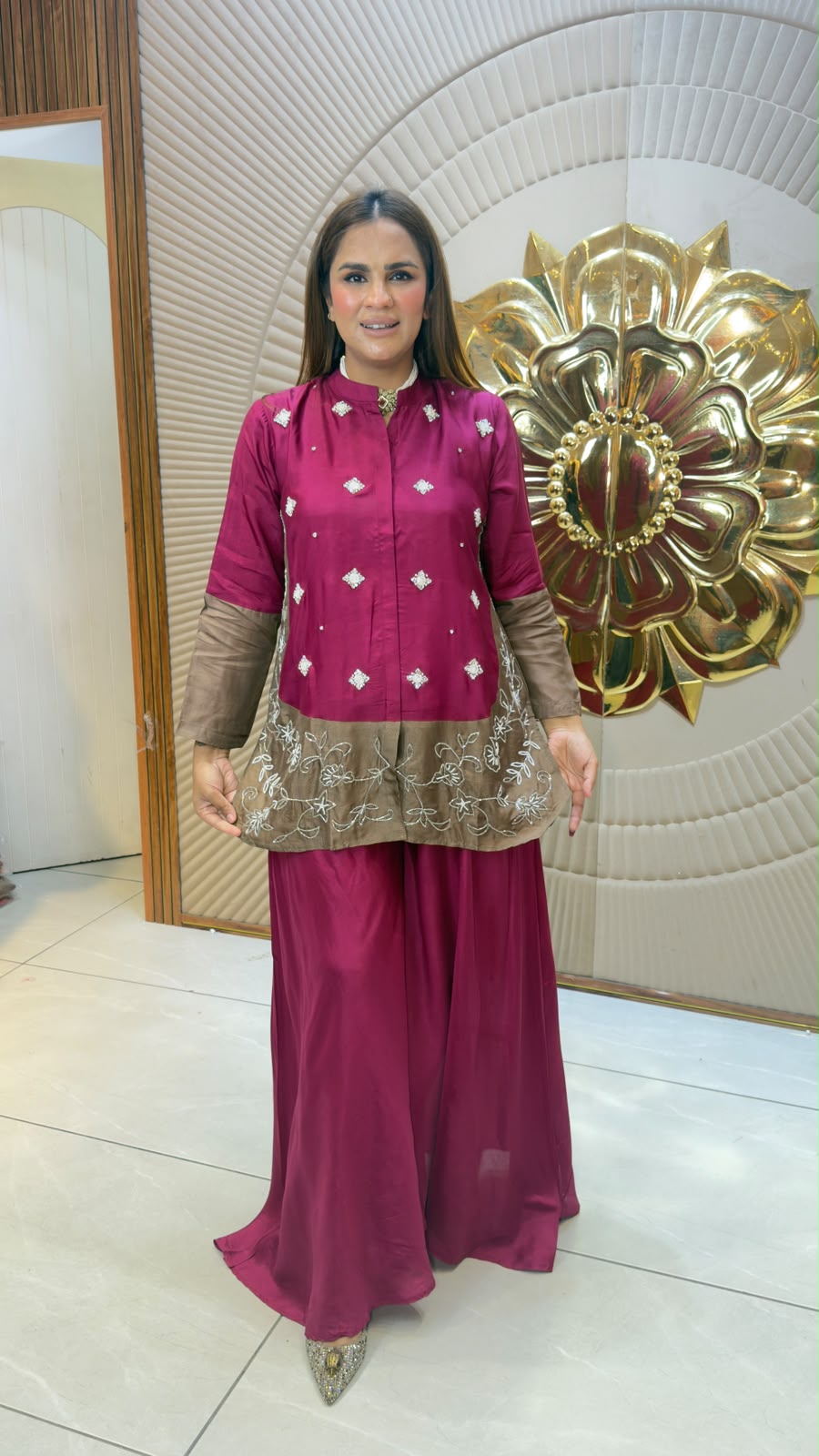 Elegant festive magenta and brown embroidered co-ord or sharara/palazzo set, pc3320