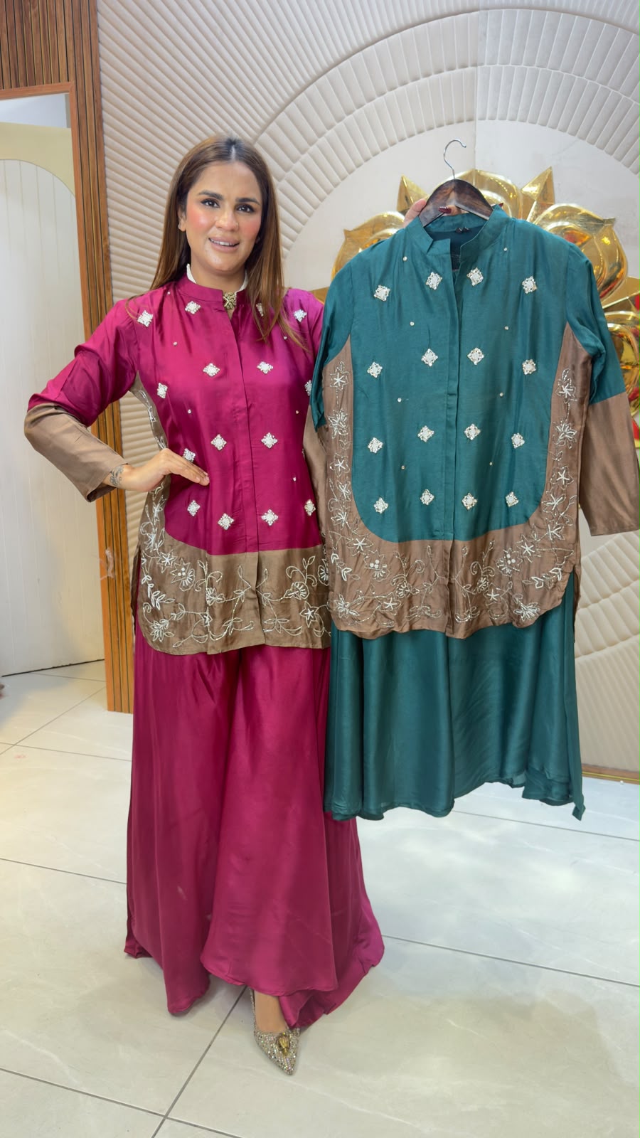 Elegant festive magenta and brown embroidered co-ord or sharara/palazzo set, pc3320