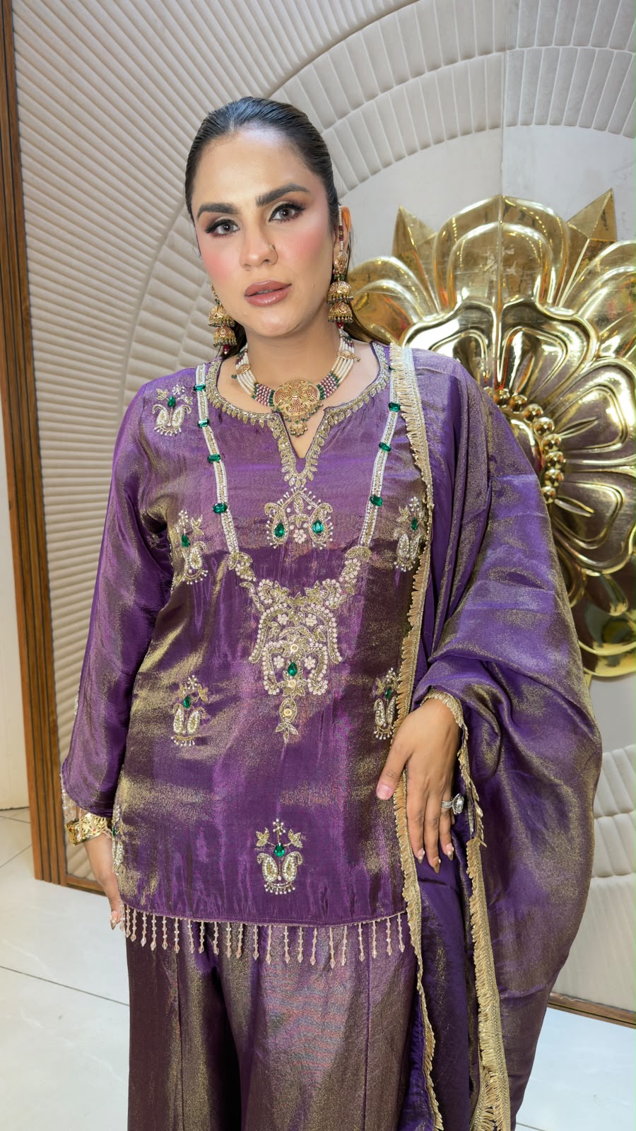 Elegant purple ethnic ensemble consisting of an embroidered kurta, matching palazzo pants, and a dupatta pc3325