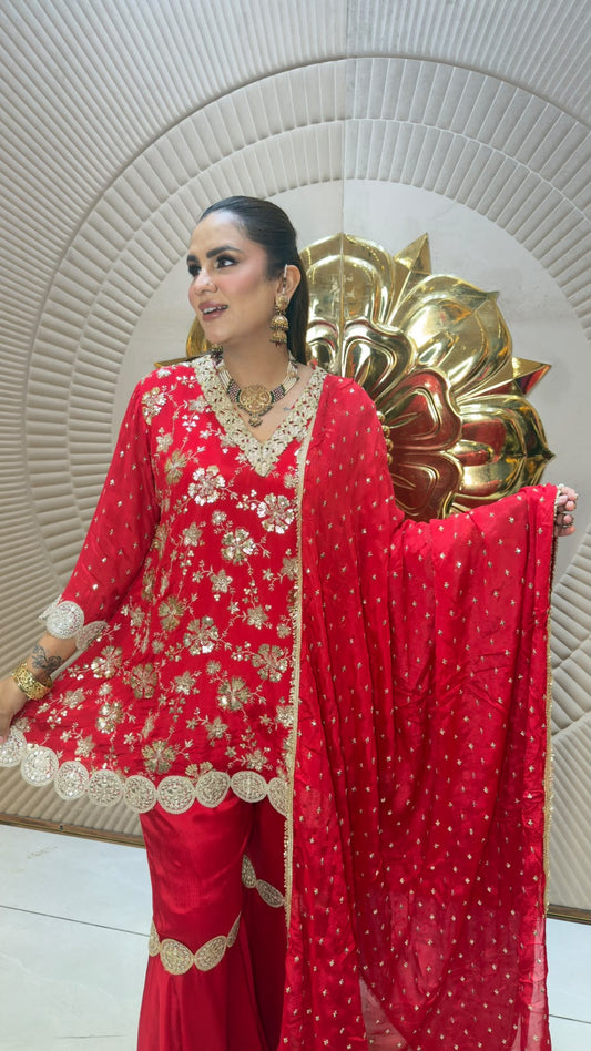Beautiful red embroidered peplum sharara suit set pc3330
