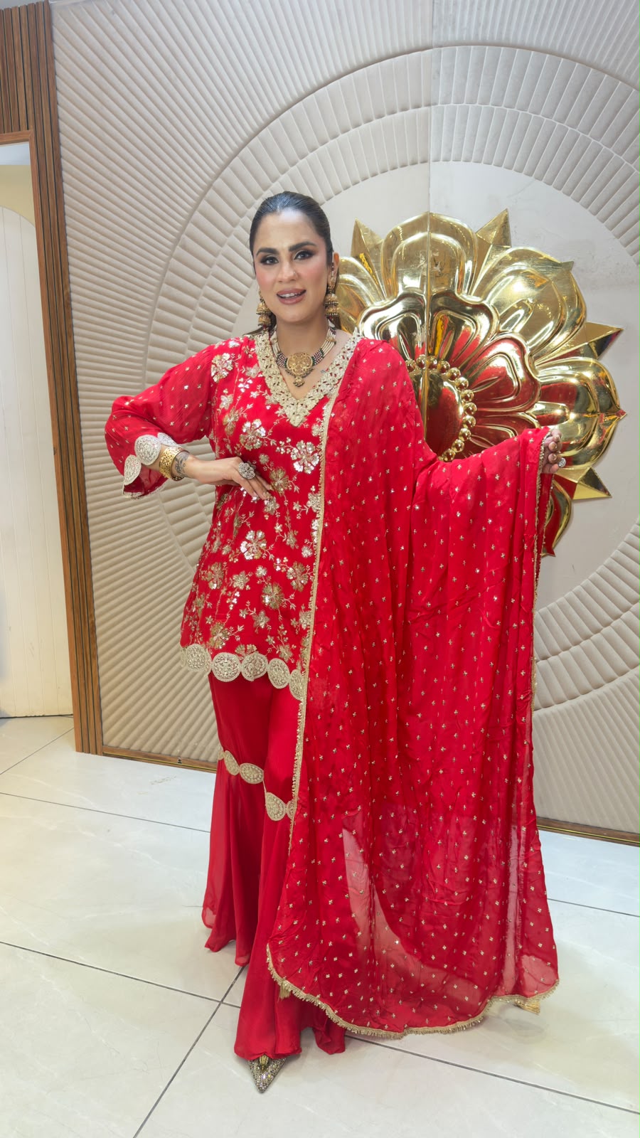 Beautiful red embroidered peplum sharara suit set pc3330