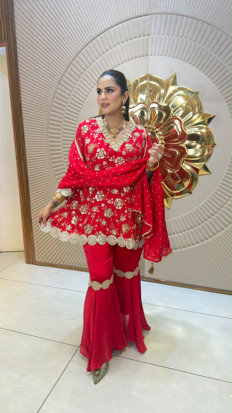 Beautiful red embroidered peplum sharara suit set pc3330