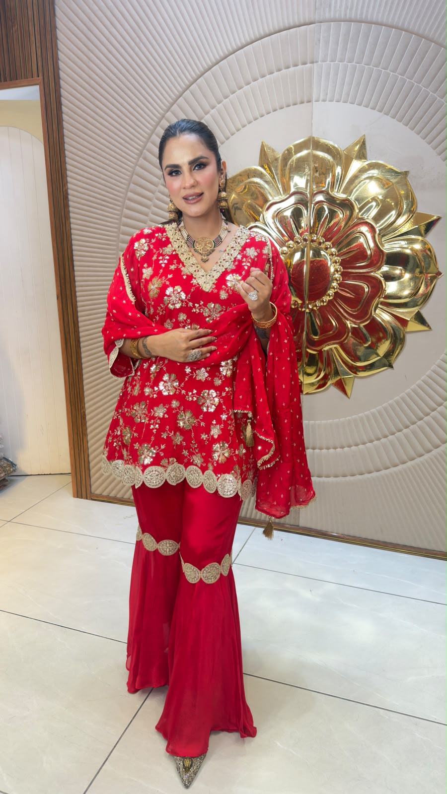 Beautiful red embroidered peplum sharara suit set pc3330