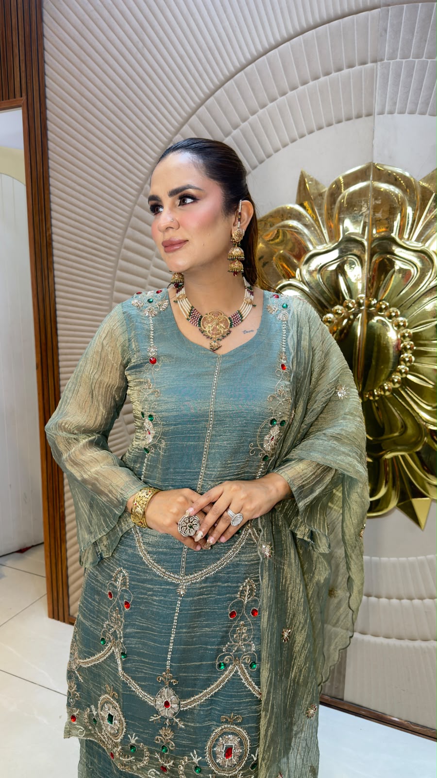 Beautiful shimmer/tissue organza heavy embroidered kurta set pc3332