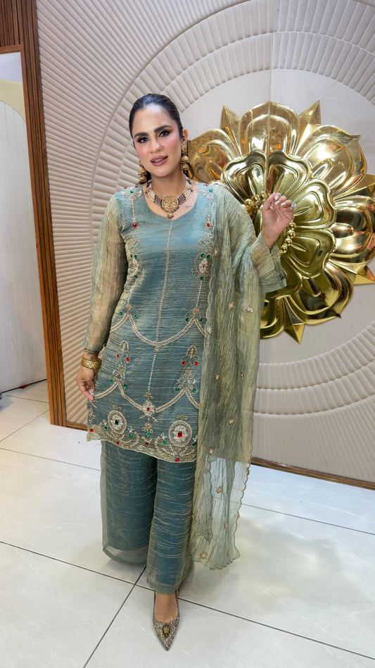 Beautiful shimmer/tissue organza heavy embroidered kurta set pc3332