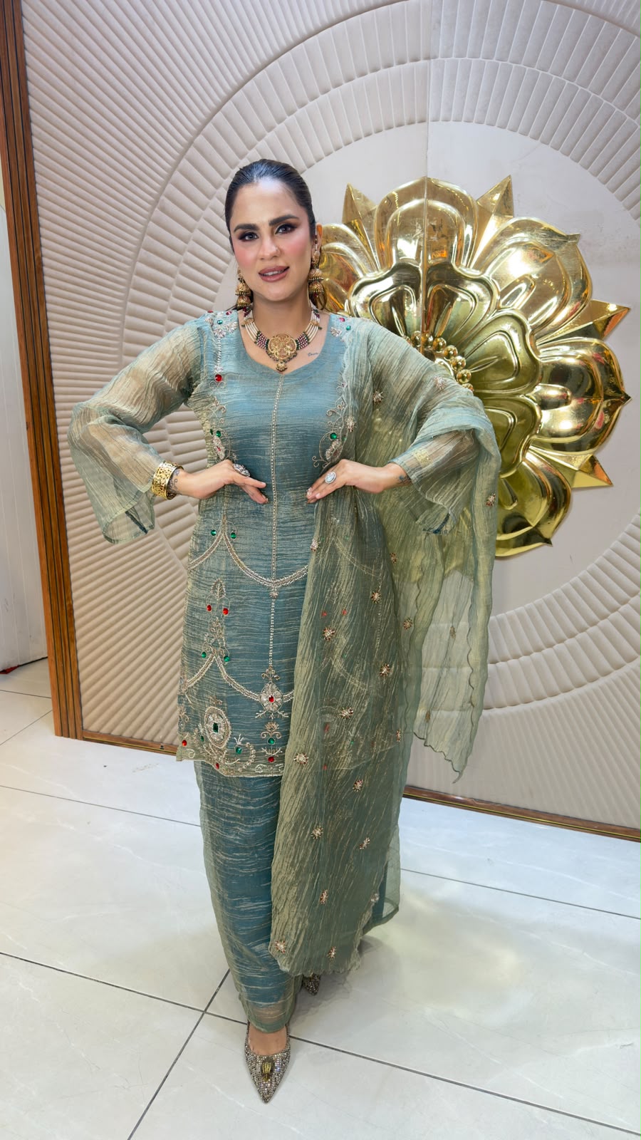 Beautiful shimmer/tissue organza heavy embroidered kurta set pc3332