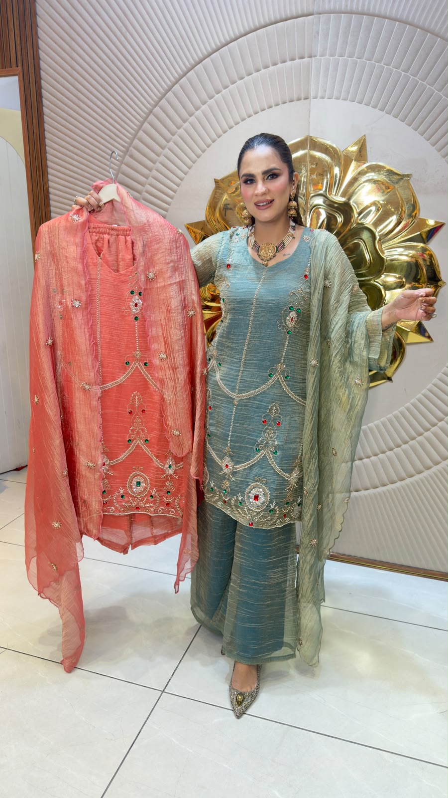 Beautiful shimmer/tissue organza heavy embroidered kurta set pc3332
