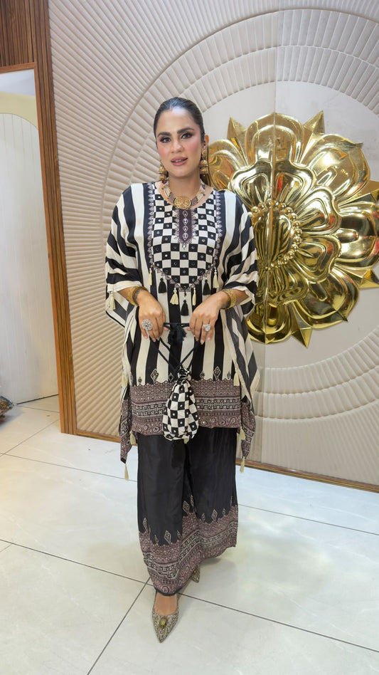 Beautiful black-and-white striped and patterned kaftan co-ord set with a matching potli bag pc3333