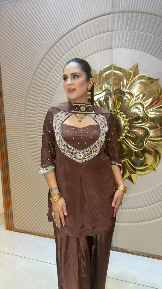 Beautiful brown embroidered peplum kurti paired with a patiala or farshi salwar and matching dupatta pc3334