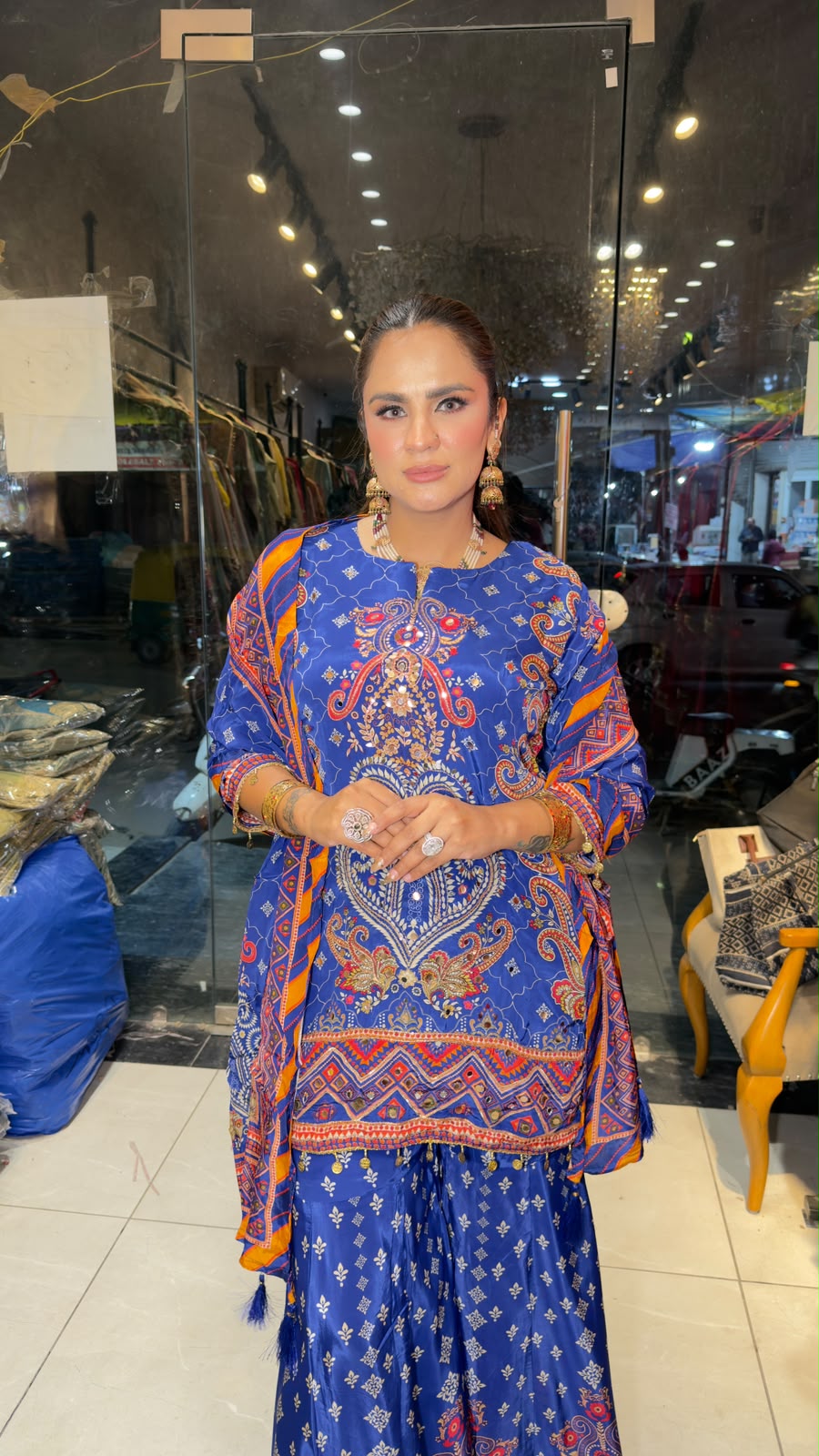 Elegant royal blue printed crepe sharara and short kurta set PC3355