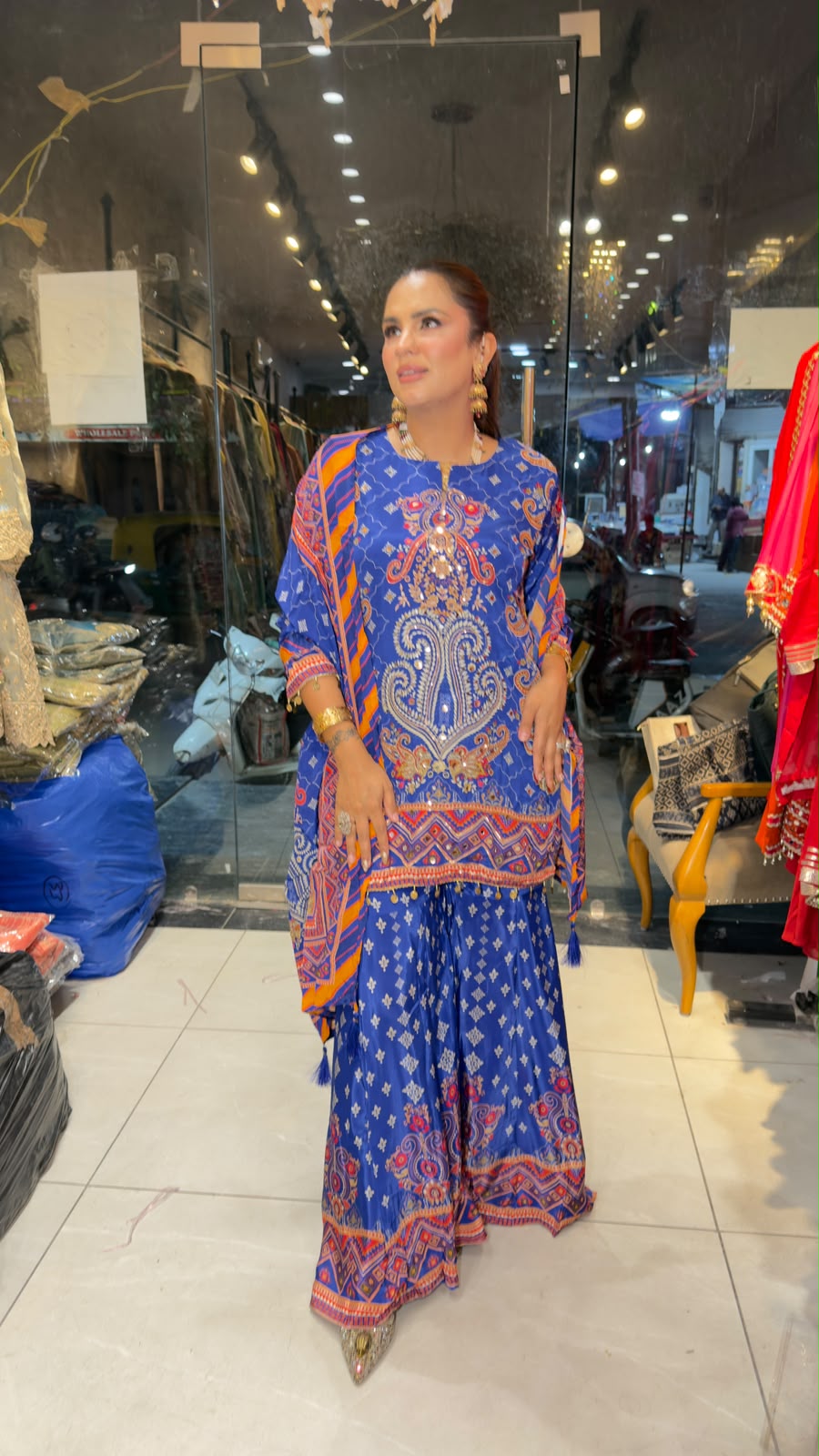 Elegant royal blue printed crepe sharara and short kurta set PC3355