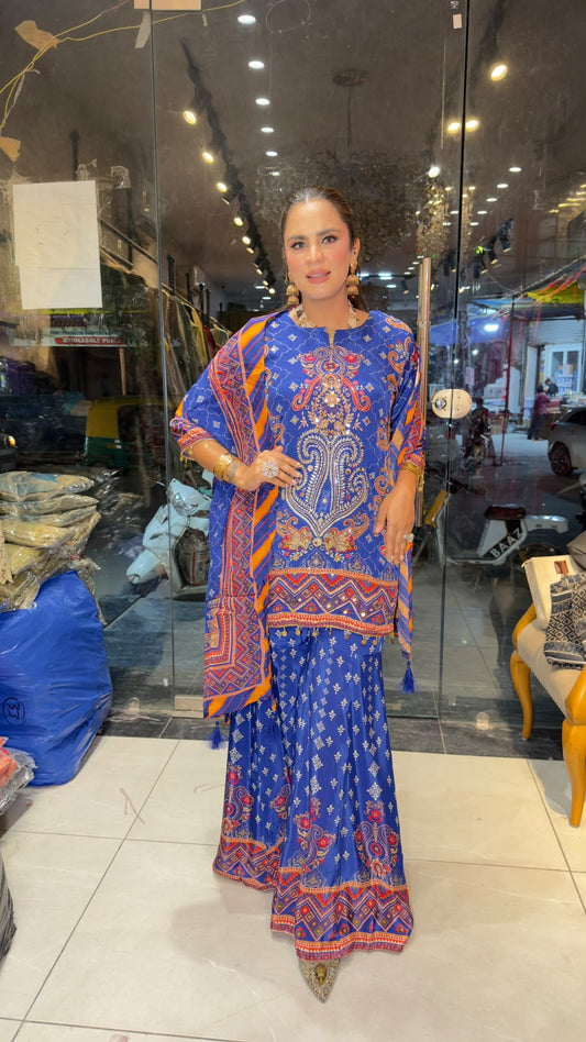 Elegant royal blue printed crepe sharara and short kurta set PC3355