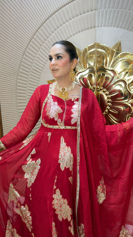 Elegant red and gold embellished Anarkali suit set  PC3353