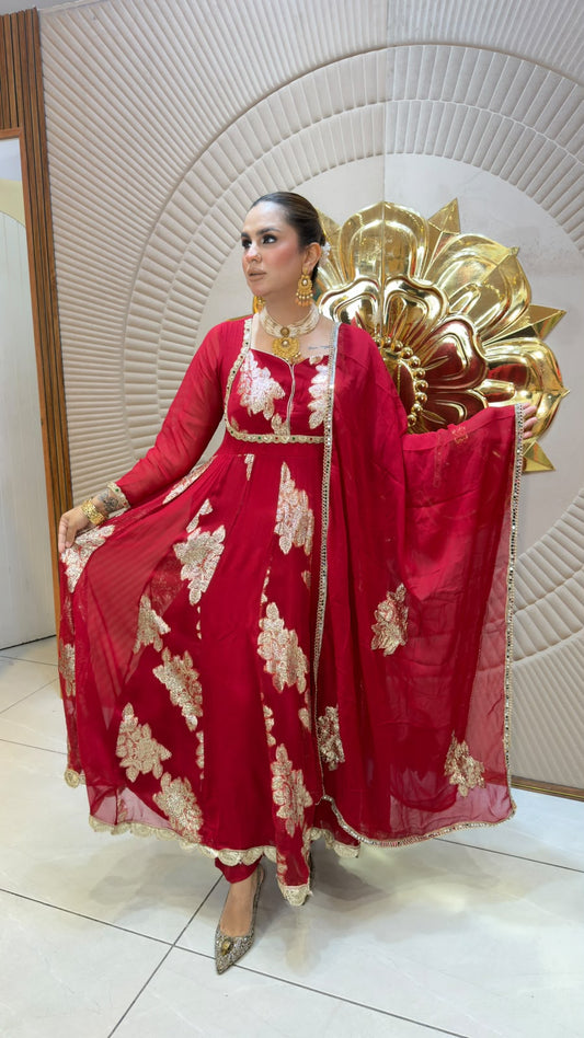 Elegant red and gold embellished Anarkali suit set  PC3353