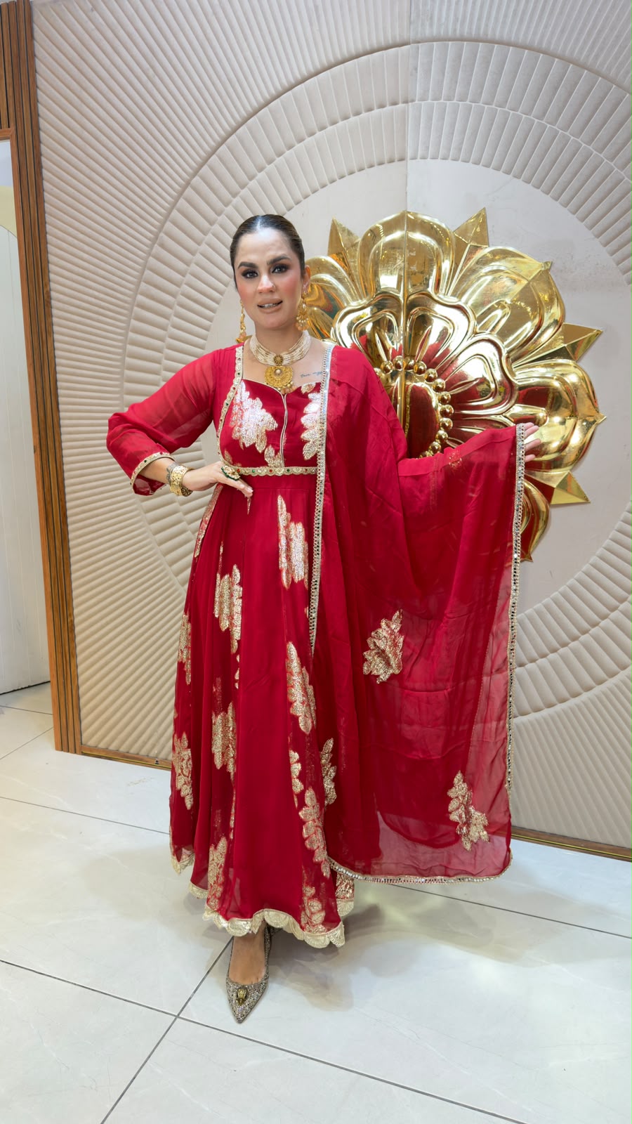 Elegant red and gold embellished Anarkali suit set  PC3353